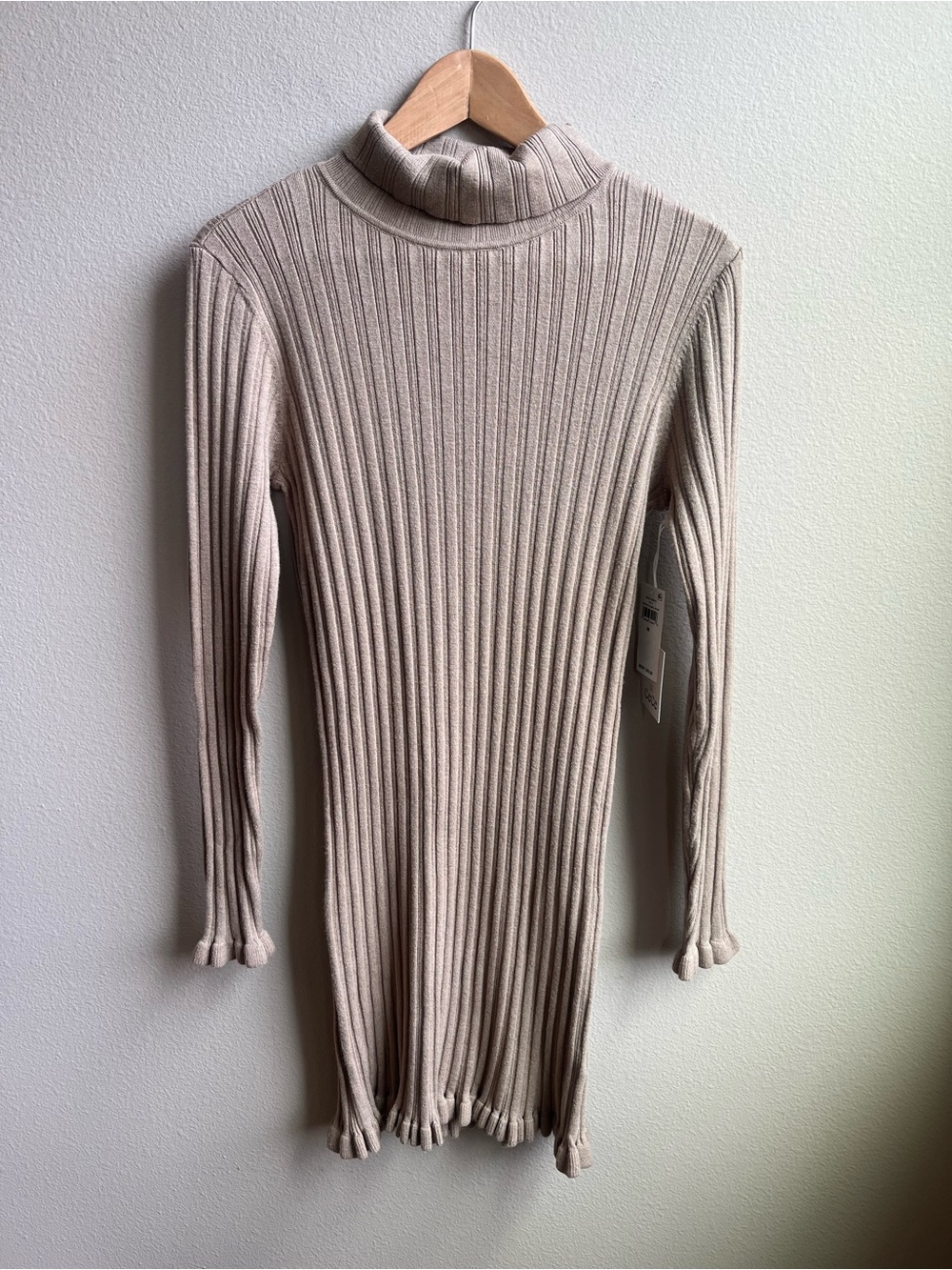 CeCe Long Sleeve Rib Turtleneck Sweater Minidress in Camel Tan Preppy Minimalist - Picture 7 of 12